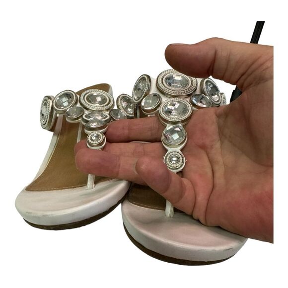 New Direction White Wedge Rhinestone Sandals Thong Strap Embellished - Picture 11 of 15